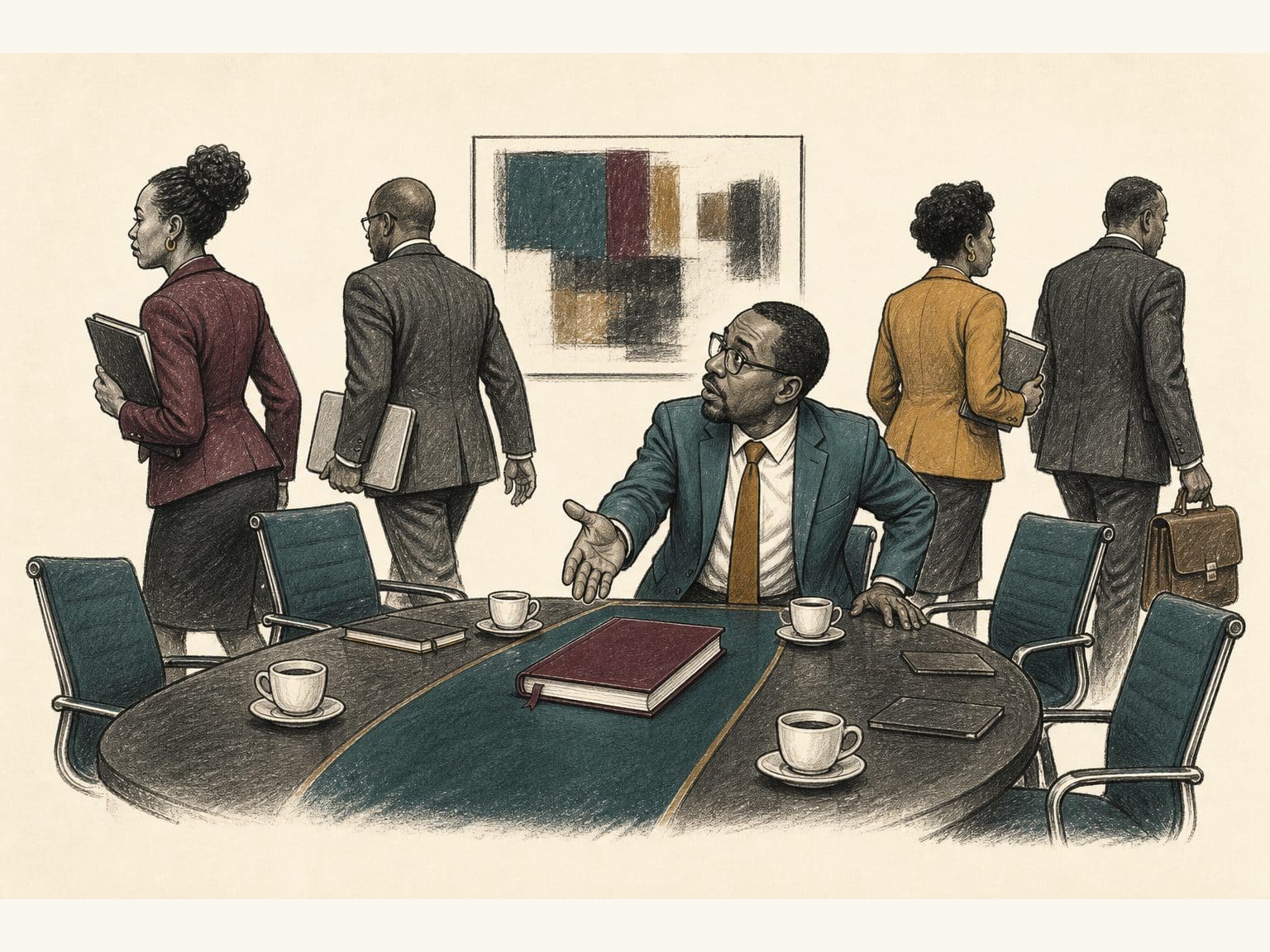 Editorial caricature of a boardroom with a tidy finished report on the table while people leave and one remaining figure asks what problem the answer was designed to solve.