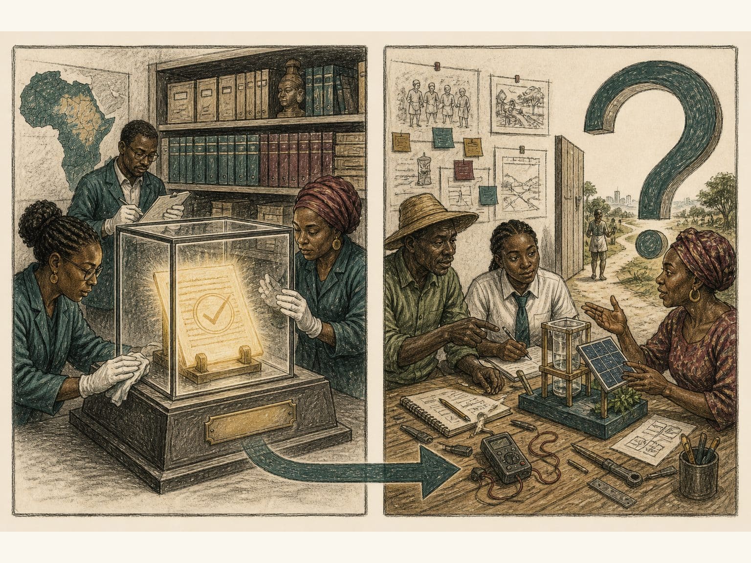 Editorial caricature diptych: archivists preserving a validated answer in a glass case on one side; a workbench experiment with farmer, student and trader feedback opening toward a question-mark doorway of use on the other.
