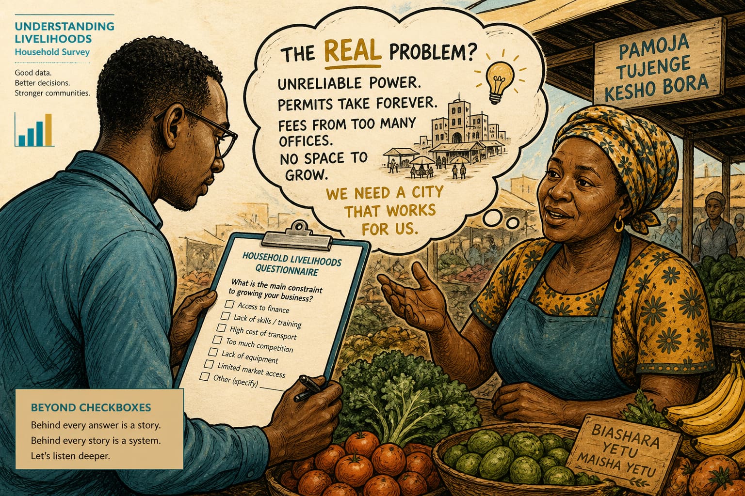 Editorial caricature of a researcher with a neat questionnaire while a market trader’s real answer has no checkbox on the form.
