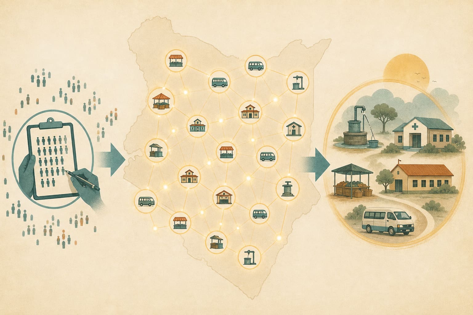 Conceptual map of Kenya as civic laboratories: connected local nodes for markets, transport, schools, clinics and water rather than ethnic blocs.