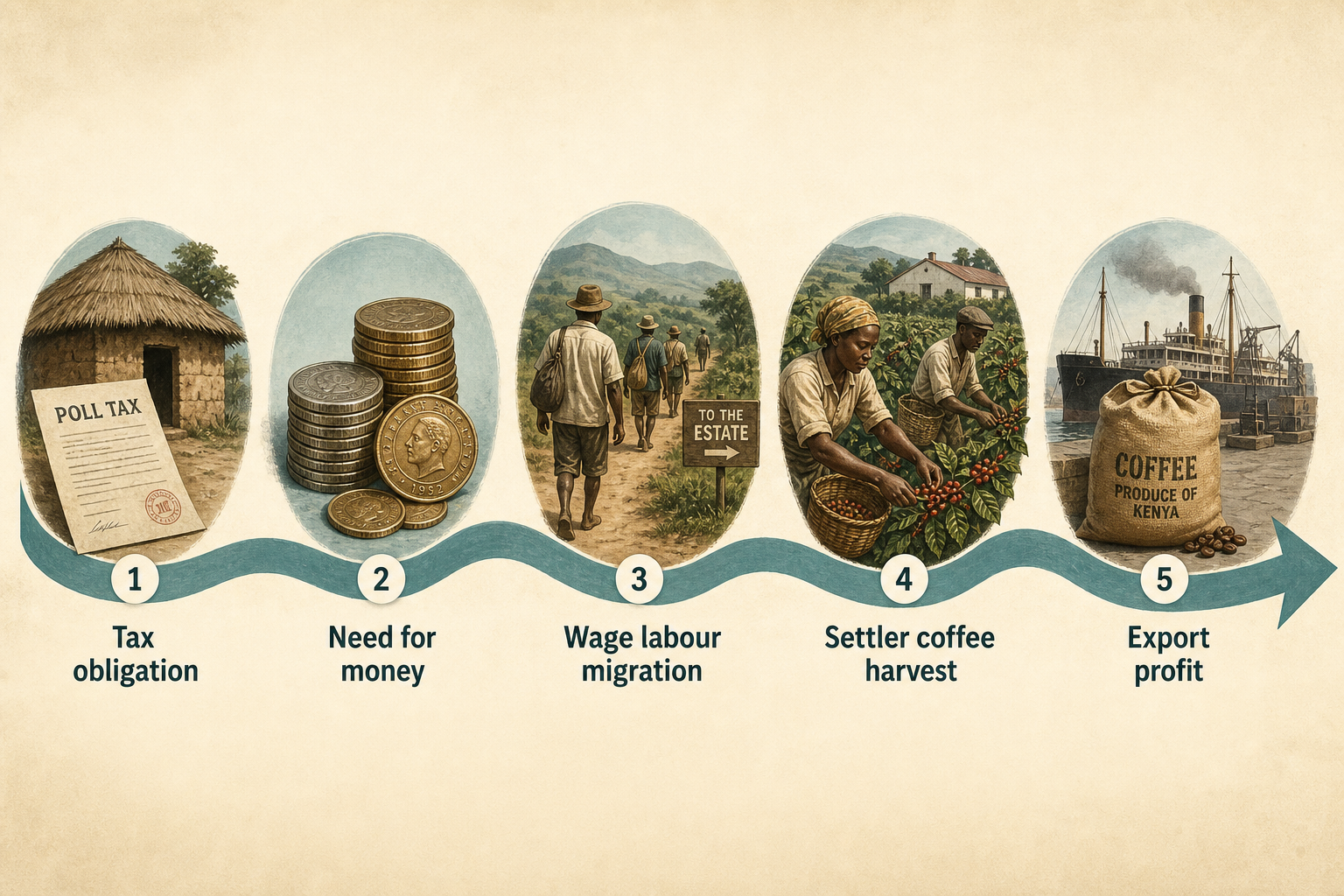 Five-station pathway: tax obligation, need for money, wage labour migration, settler coffee harvest, and export profit, showing how colonial policy channelled African labour into the coffee economy.