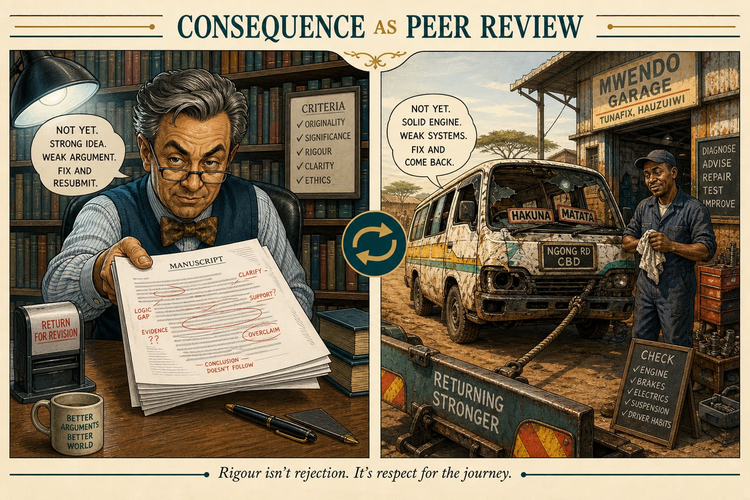 Editorial caricature diptych: a stern reviewer marking a manuscript on one side; a vehicle returning to a Kenyan workshop on a tow rope on the other.