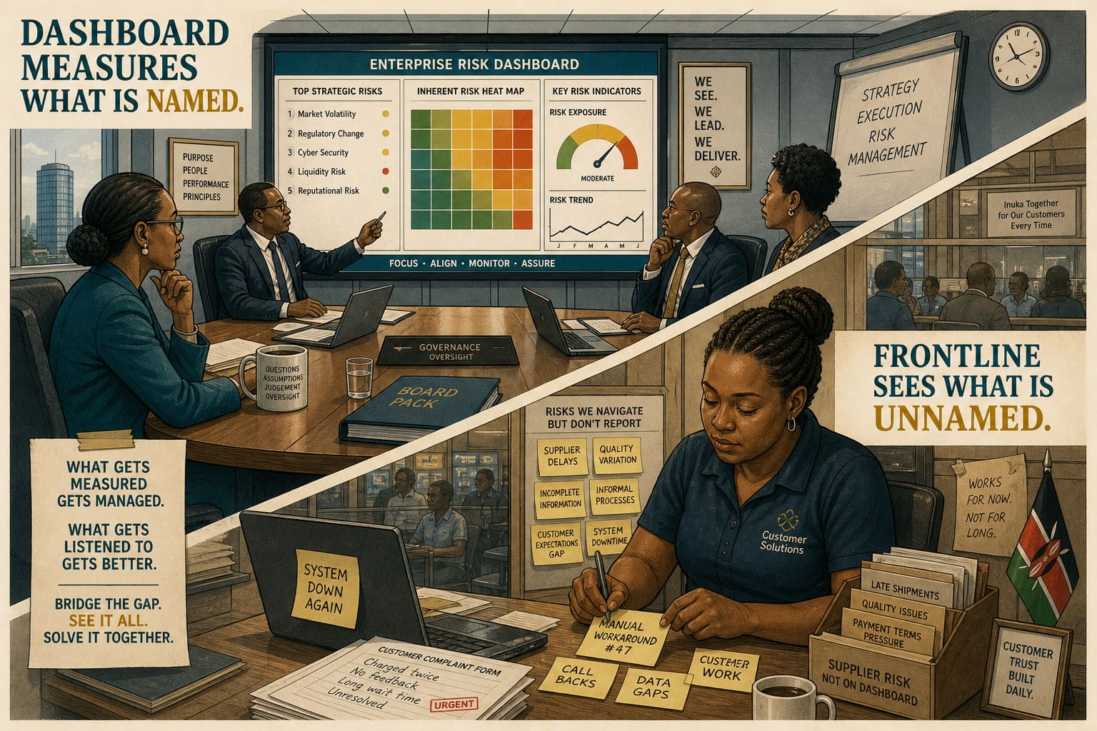 Editorial caricature of a glowing boardroom risk dashboard above, and a frontline worker downstairs managing workarounds and returning complaints the dashboard has not named.