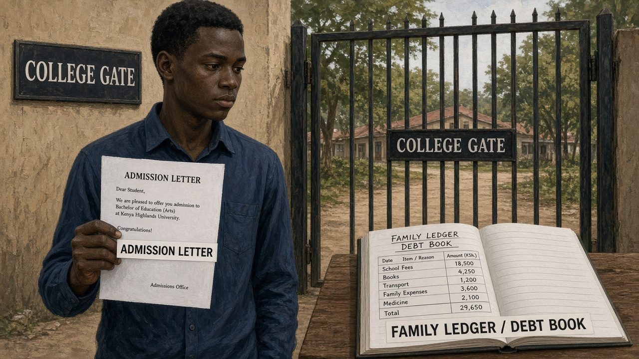 A Kenyan learner with an admission letter at a college gate, and a family debt book open in front.