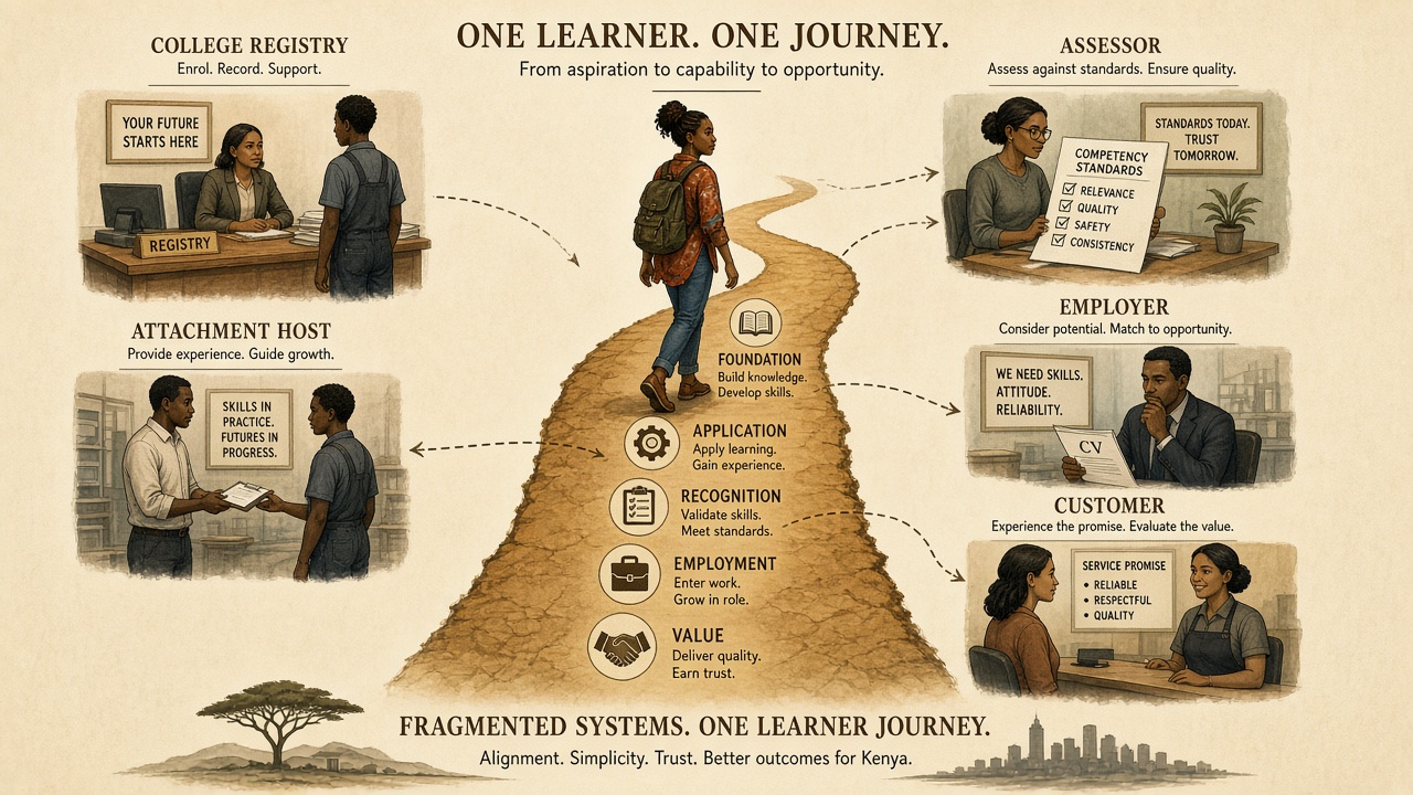 One learner’s continuous path surrounded by separate institutional desks: college, attachment host, assessor, employer and customer.
