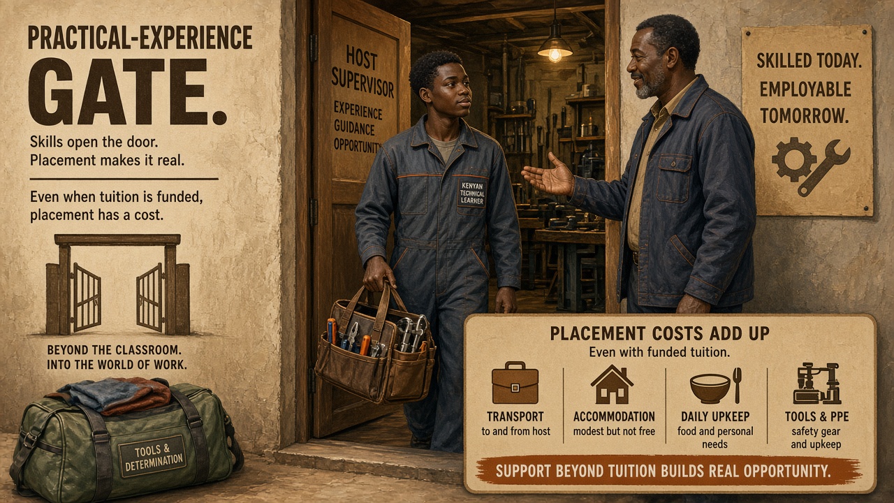 A technical learner at a workshop doorway with a supervisor; travel costs sit beside tools.