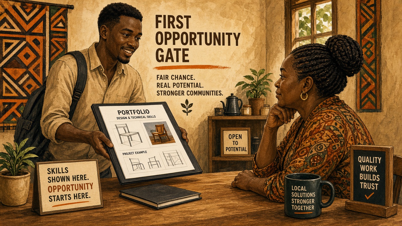 A graduate presenting a portfolio to an employer or customer at a simple desk.
