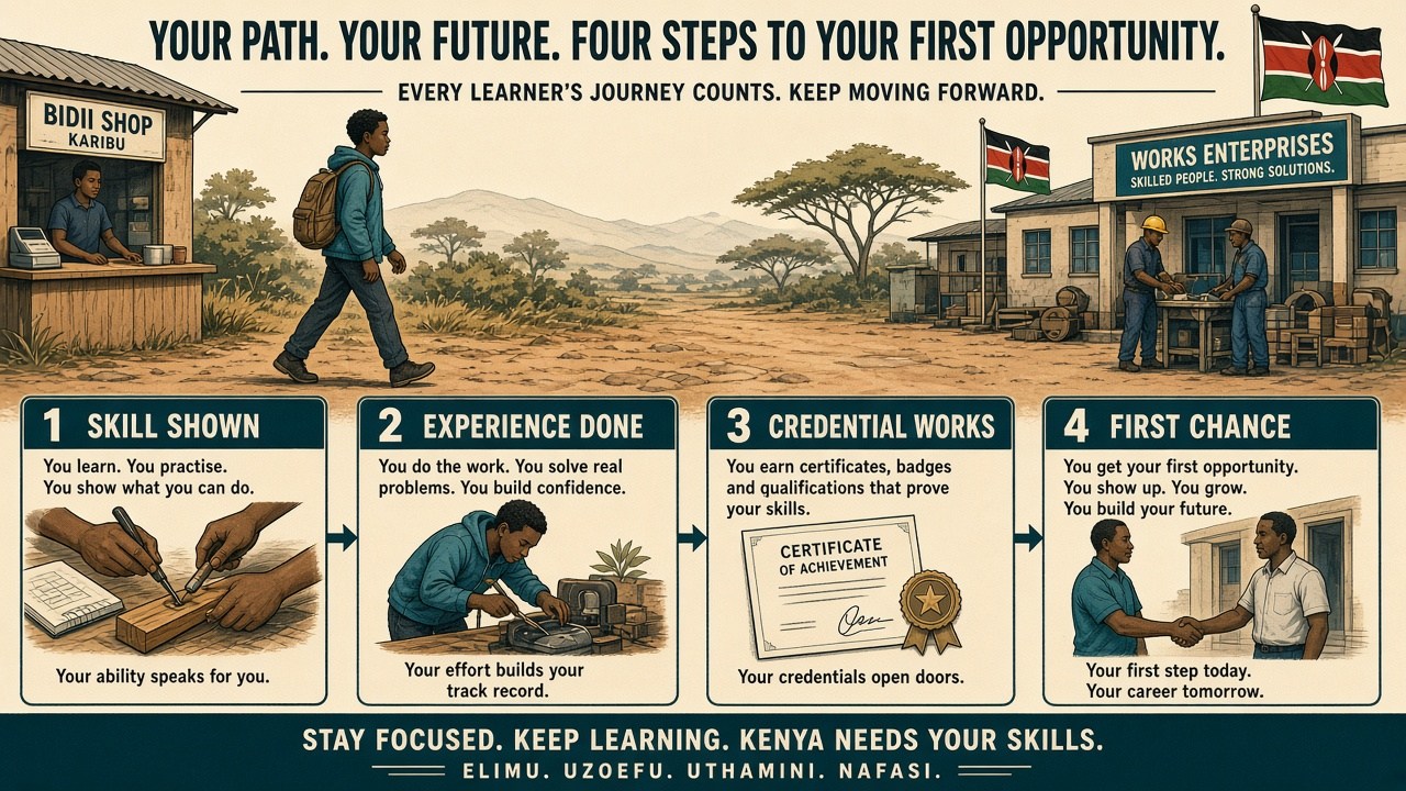 Four proof steps: Skill Shown, Experience Done, Credential Works, First Chance.