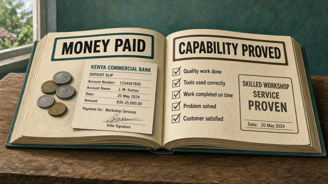 Two open books: Money Paid on the left; Capability Proved on the right.