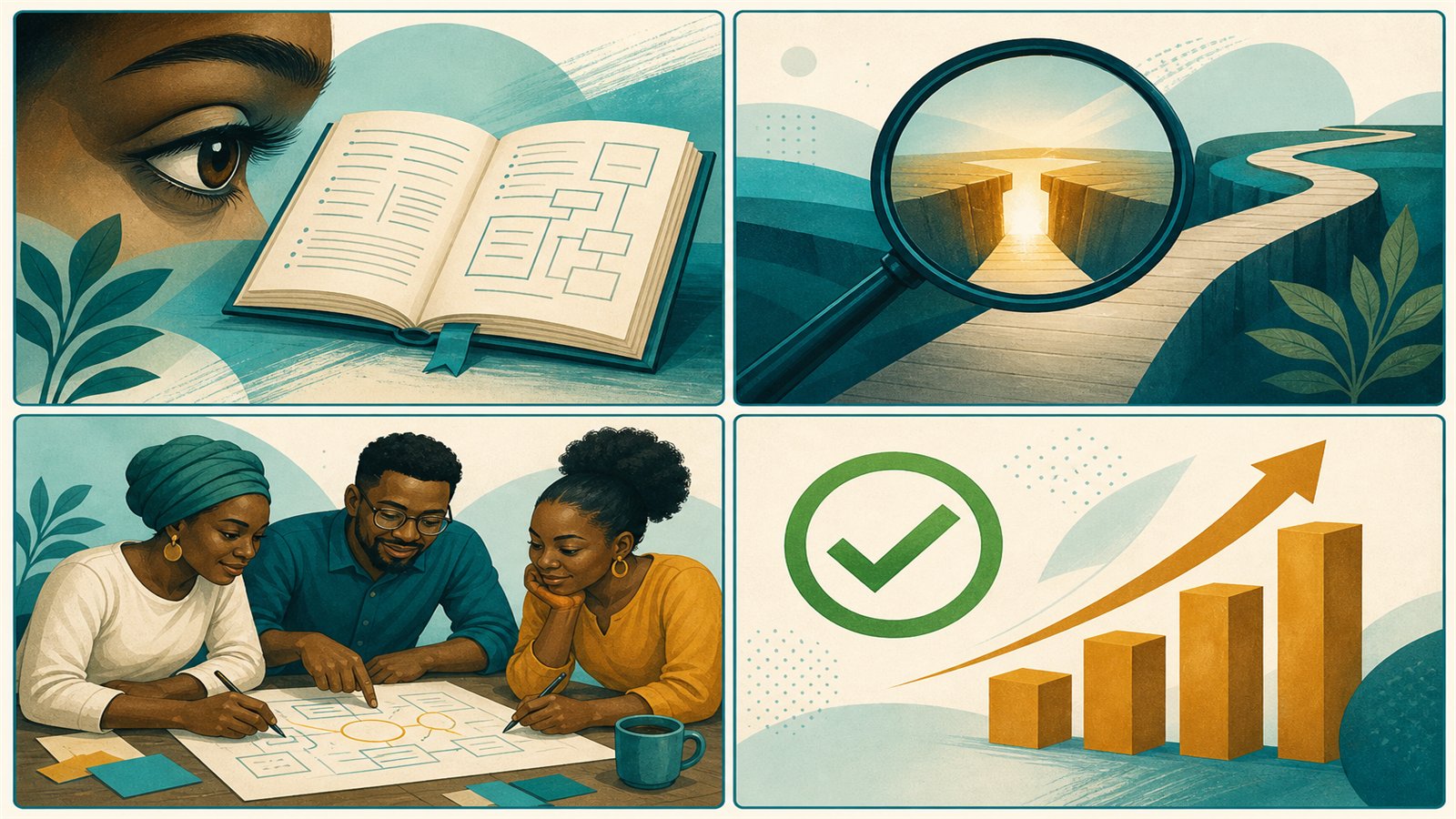 Four practical actions illustrated in quadrants: watch the rules, find the gap, build with people, and prove the value.