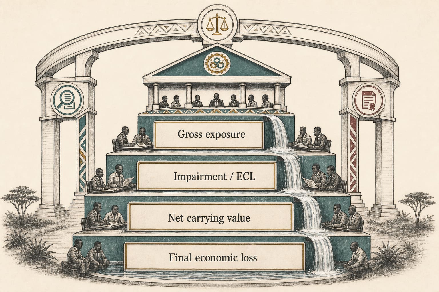 Editorial illustration of four descending steps labelled gross exposure, impairment, net carrying value, and final economic loss, each narrower than the one above.