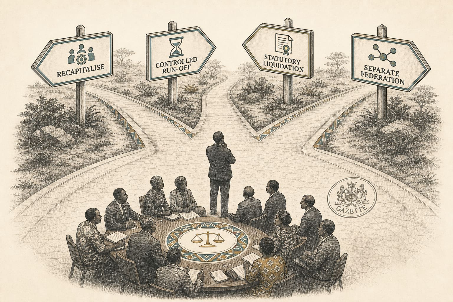 Editorial illustration of a path splitting into four labelled routes: recapitalise, controlled run-off, statutory liquidation, and separate federation.