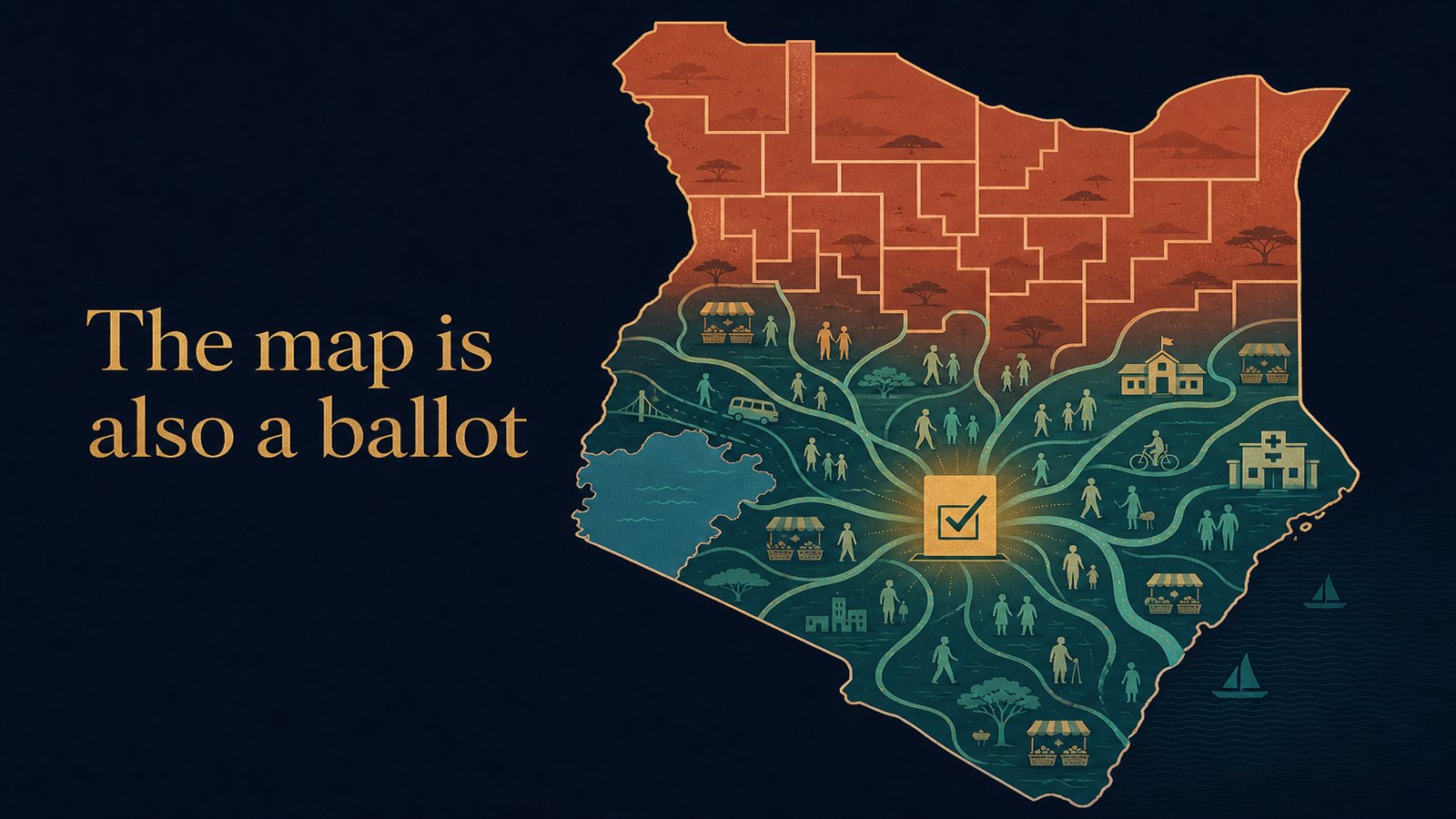 Stylised map of Kenya in which rigid constituency boundaries transform into connected civic pathways around a ballot.