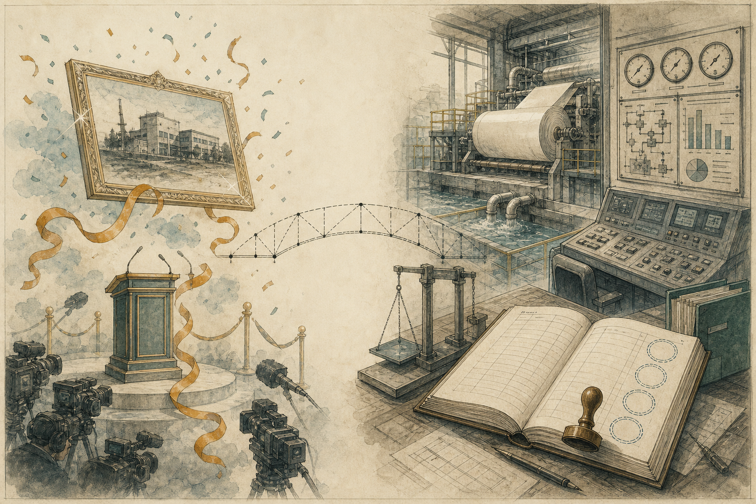 Editorial split scene: a ceremonial podium and framed mill photograph on one side; paper machinery, gauges, scales and an open verification ledger on the other, linked by a dashed bridge.
