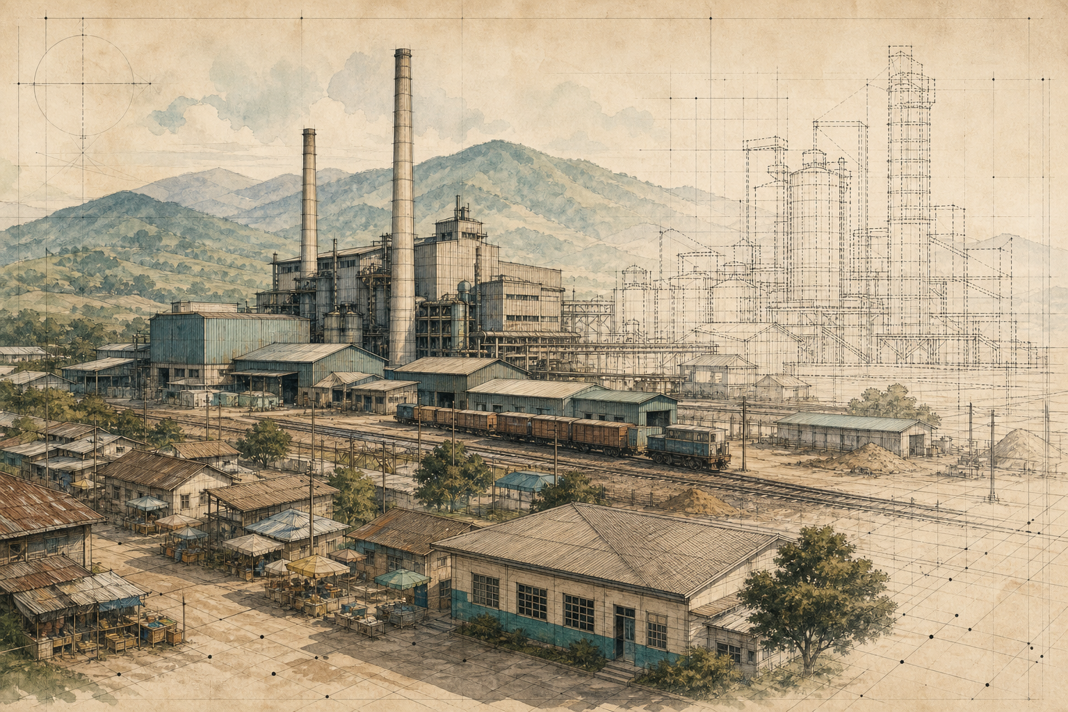 Abstract editorial landscape of a Western Kenya paper-mill town: solid mill buildings and a railway on one side, dashed modernization outlines on the other, with a market street in the foreground.