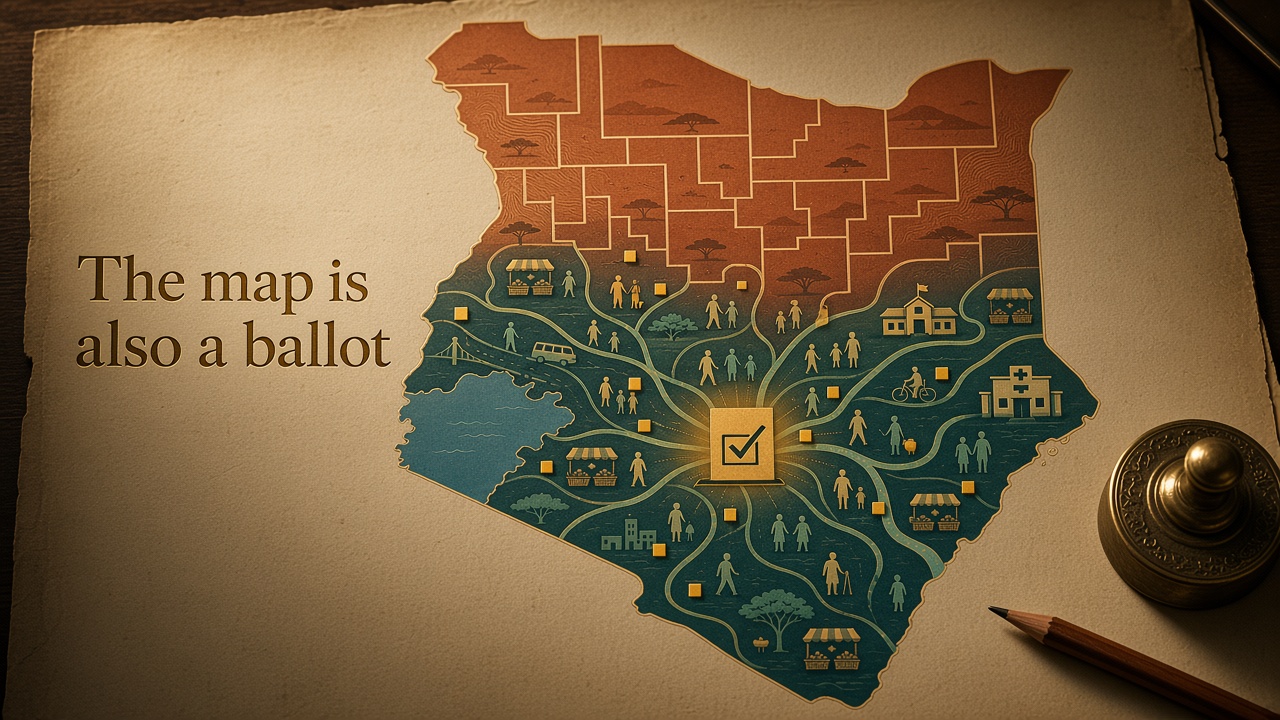 Cartographic editorial illustration of Kenya’s outline as a raised map tablet, terracotta and teal coalition overlays overlapping imperfectly, with small contested-seat markers.