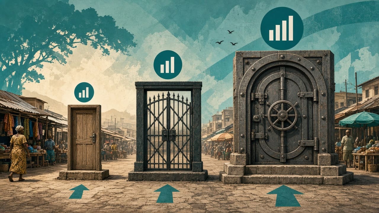 Three market gateways of increasing size and weight on one street, suggesting different capital bars for different payment risks.