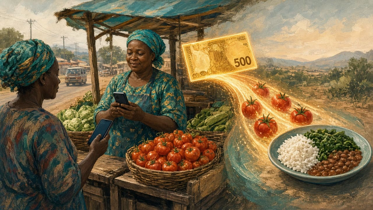 A Kenyan vegetable seller receives a phone payment while a glowing KES 500 note turns into tomorrow’s stock and a simple supper.