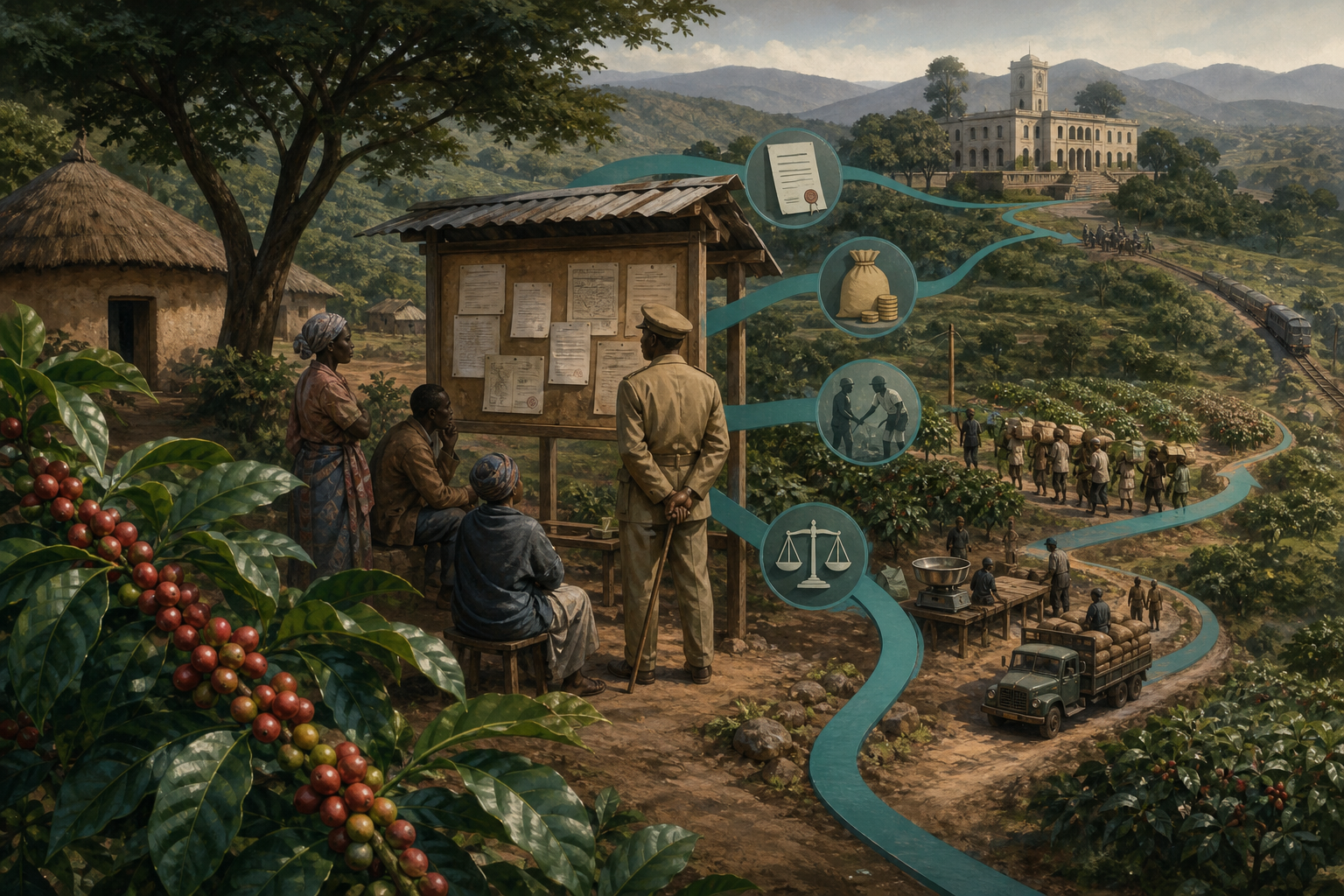 A highland coffee shamba with ripe cherries, linked by flowing pathways to administrative notices, licences, labour routes and market channels, policy shaping the crop before the entrepreneur arrives.