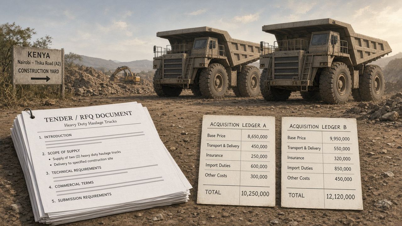Conceptual illustration of two comparable trucks beside different acquisition ledgers, with a tender document in the foreground.