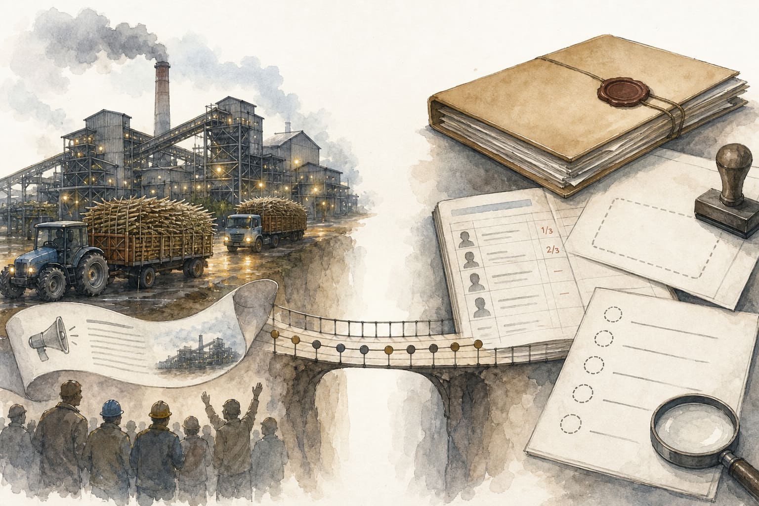 Split editorial composition: a sugar mill running again on the left, celebrated as revival; on the right, sealed lease folders, empty valuation stamps and partial arrears ledgers awaiting independent verification.