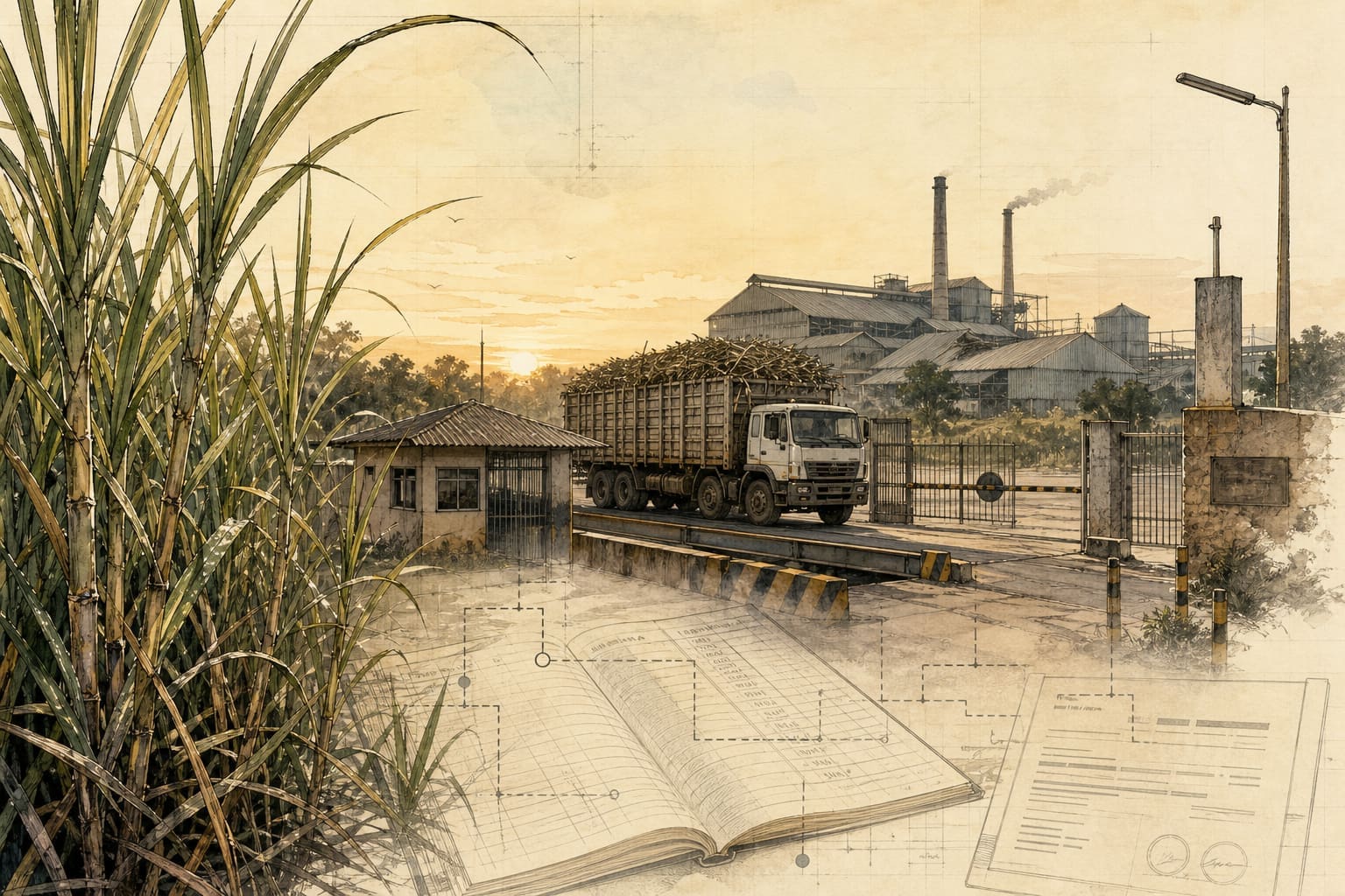 Conceptual editorial scene: tall sugarcane at dawn, a cane truck at a mill gate weighbridge, mill silhouettes beyond, and translucent ledger and lease overlays suggesting payments and undisclosed terms.