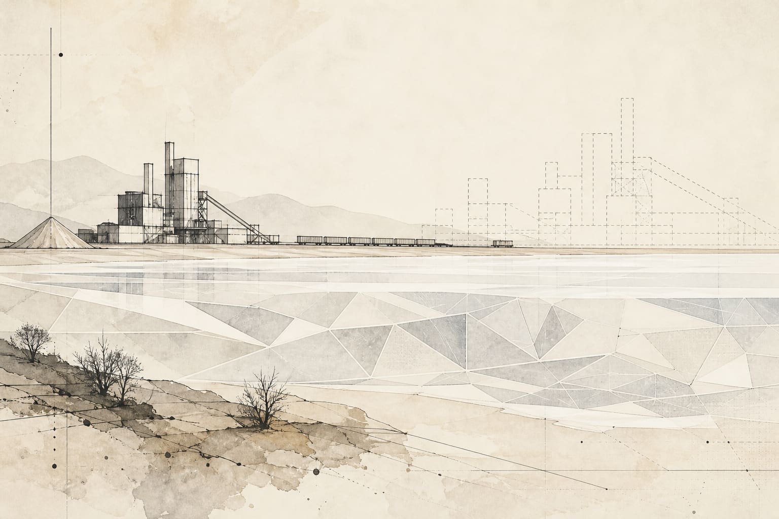 Abstract editorial landscape: alkaline lake mineral geometry, restrained industrial plant lines, a thin railway, and dashed outlines of downstream factories that do not yet exist.