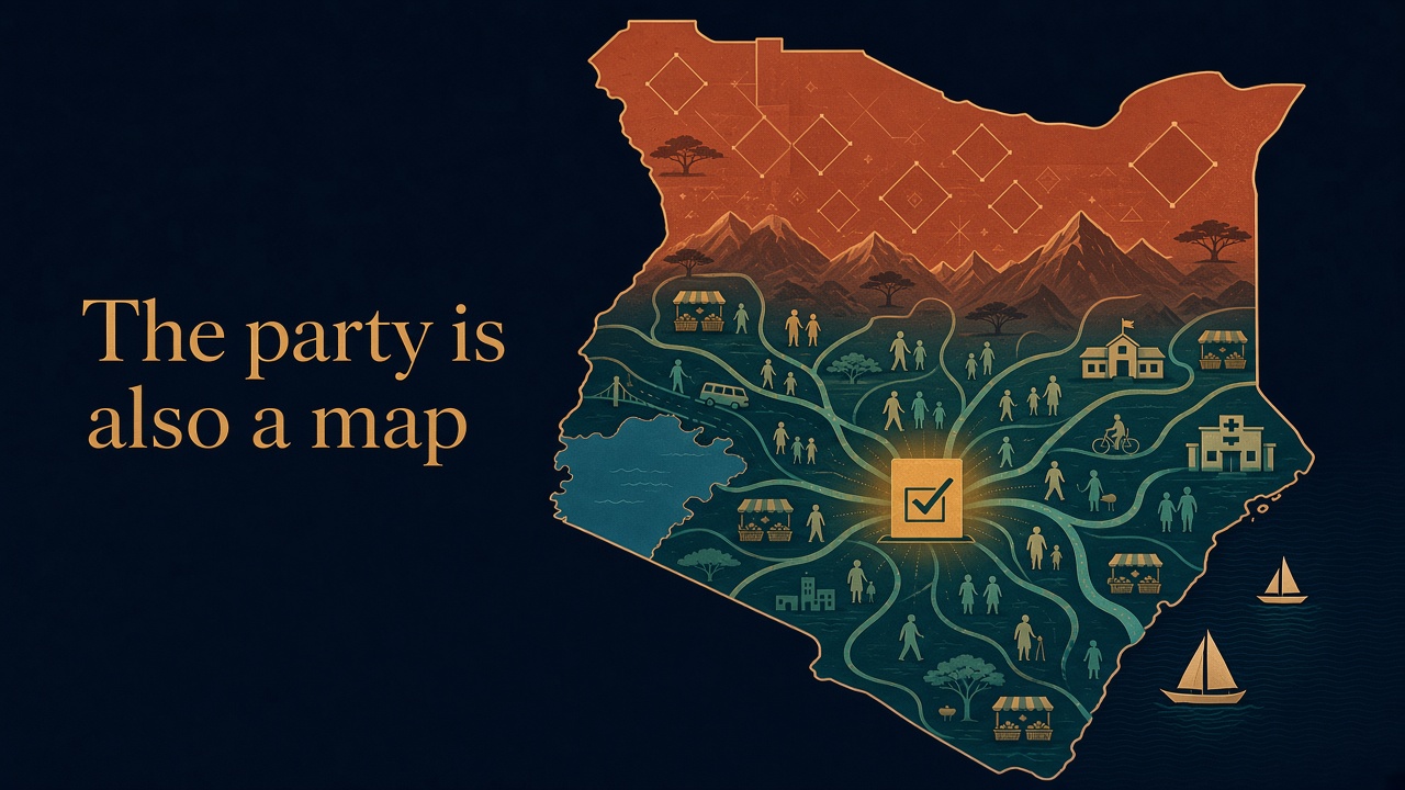 Editorial illustration: outline map of Kenya on a dark navy ground, terracotta and teal coalition zones resolving into civic pathways around a glowing ballot, with the title The party is also a map.
