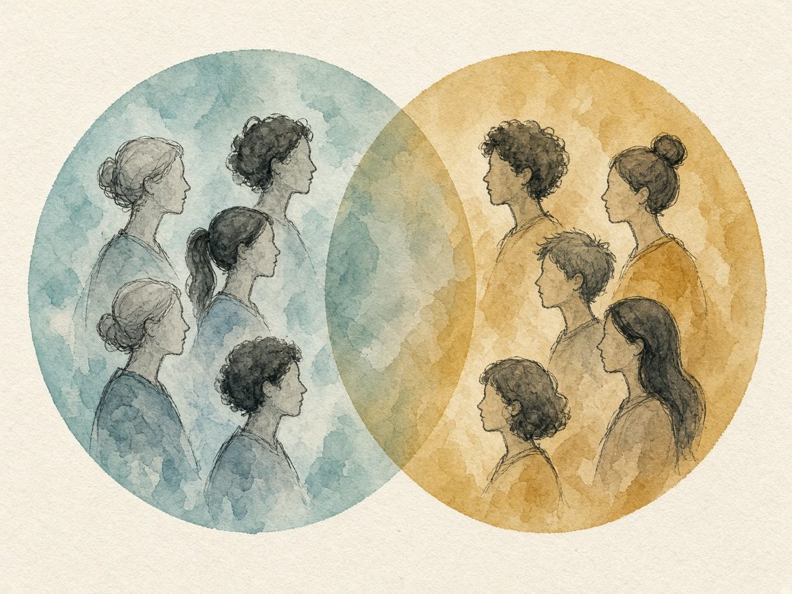 Conceptual editorial illustration of two overlapping translucent circles containing people of different ages, suggesting that women and young people share an intersection and cannot be added into one bloc.