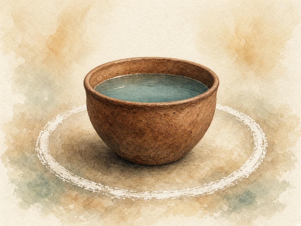 Editorial illustration of a clay basin inside a chalk circle, filled only to a chalk waterline.