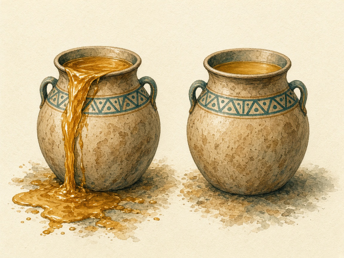 Editorial illustration of two vessels of the same liquid: one overflowing, one filled only to a measured line.