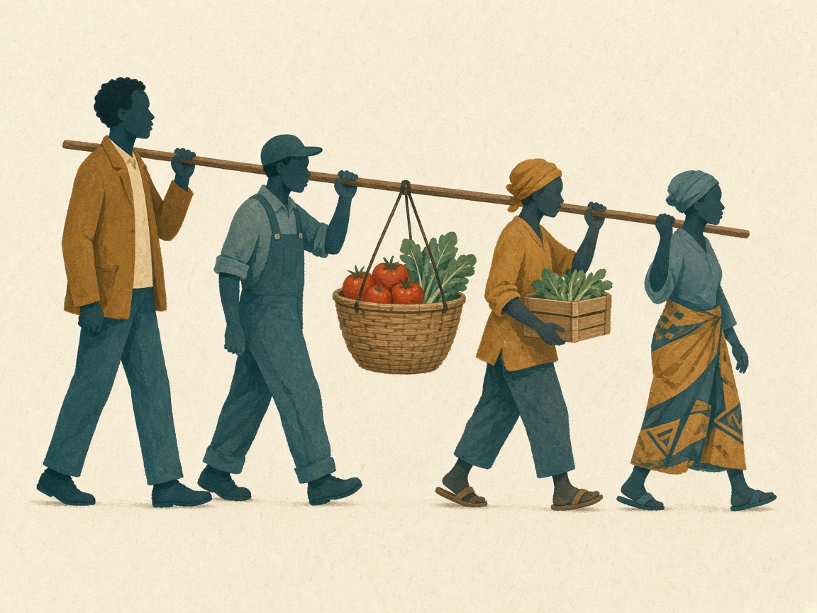 Editorial illustration of four differently sized adult figures sharing a pole that carries a basket of produce, suggesting unequal capacity to bear loss.