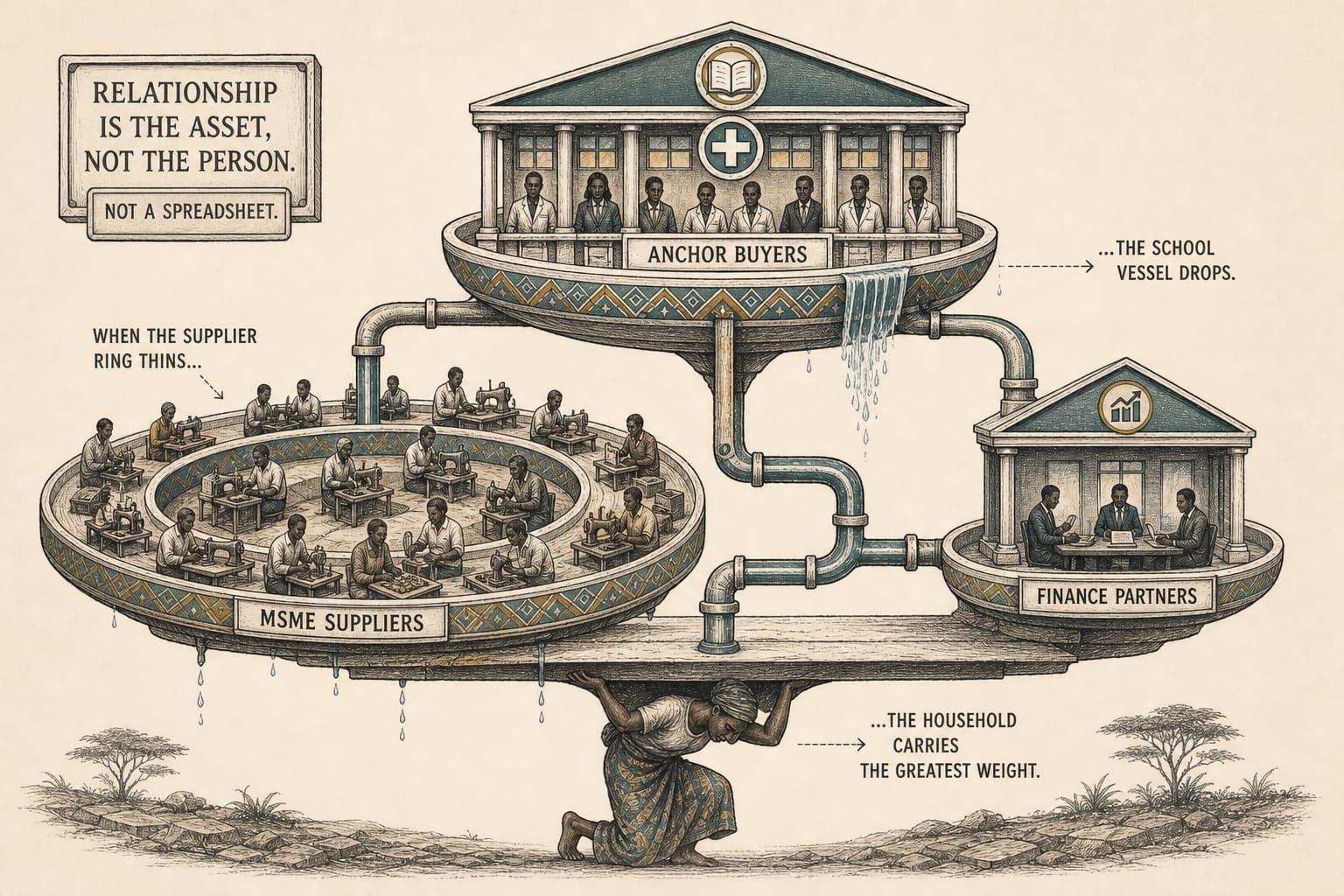 Editorial illustration of three connected vessels, anchor buyers, MSME suppliers, and finance partners, showing that buyer value can rise while suppliers and households carry hidden burden.