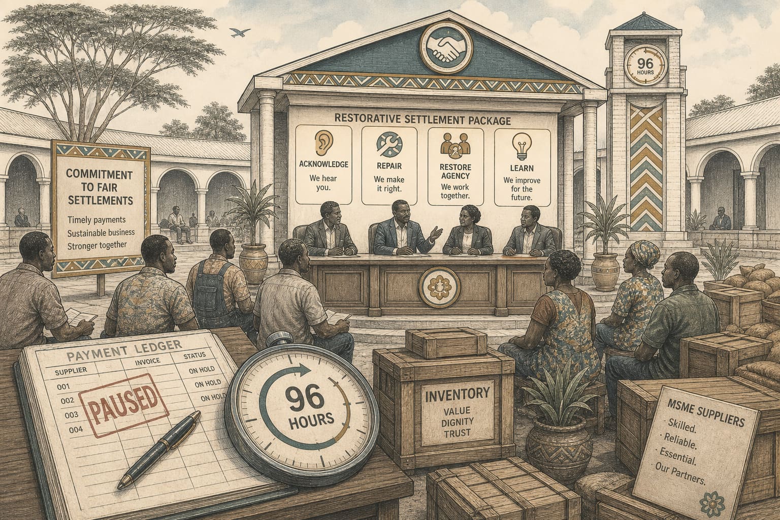 Editorial illustration of restorative recovery after a settlement delay: a paused ledger, waiting suppliers, and four labelled steps, acknowledge, repair, restore agency, learn.