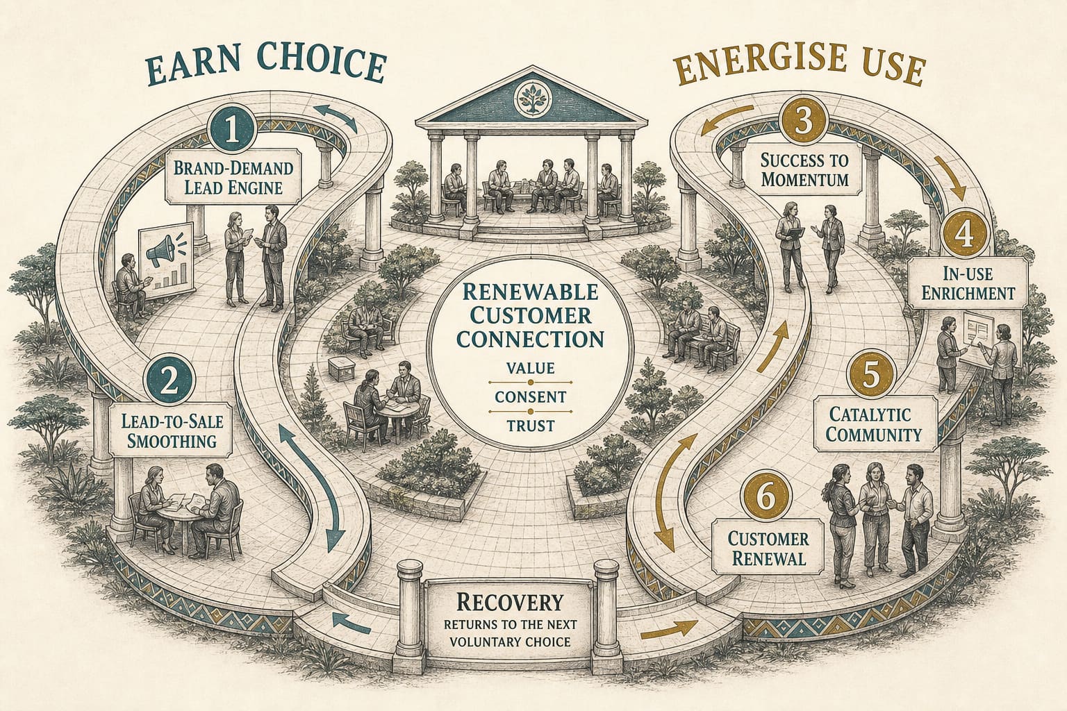 Original two-loop editorial diagram: left loop Earn Choice with Brand-Demand Lead Engine and Lead-to-Sale Smoothing; right loop Energise Use with Success to Momentum, In-Use Enrichment, Catalytic Community, and Customer Renewal; centre Renewable Customer Connection; a return path labelled Recovery.