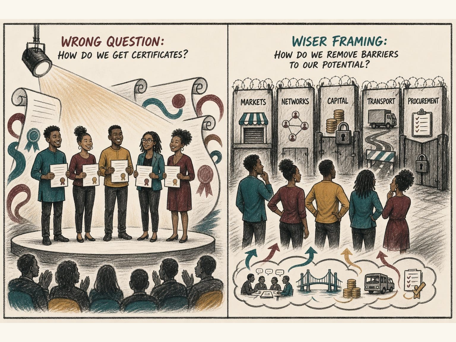 Editorial caricature diptych: professionals celebrated for certificates under a wrong question on one side; the same people confronting labelled barriers of markets, networks, capital, transport and procurement on the other.